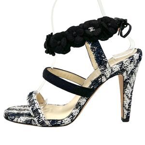Chanel Tweed Camellia Flower Sandals Size 37.5 Black White Heels 2016 Collection